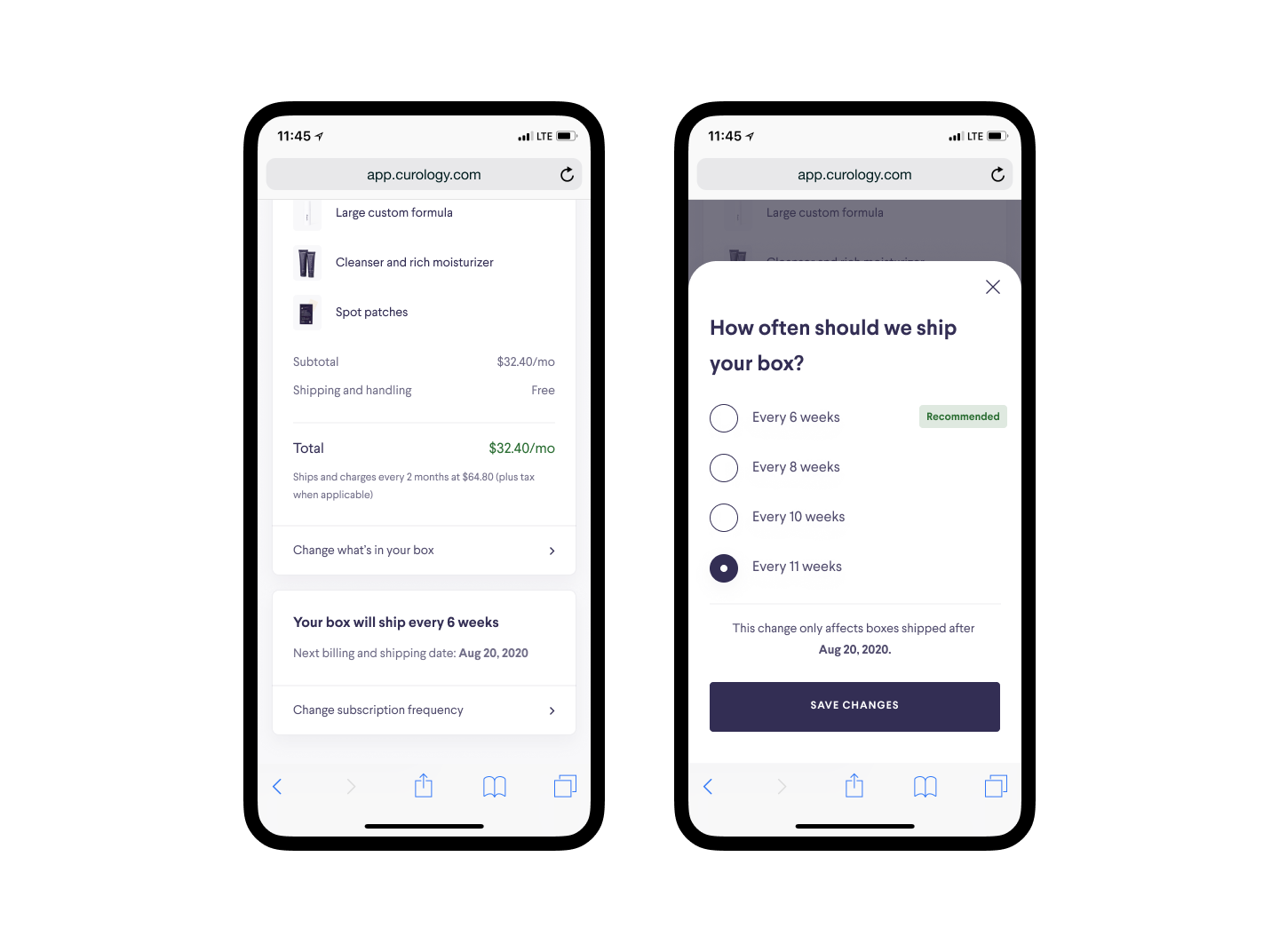 Curology subscription frequency feature screens